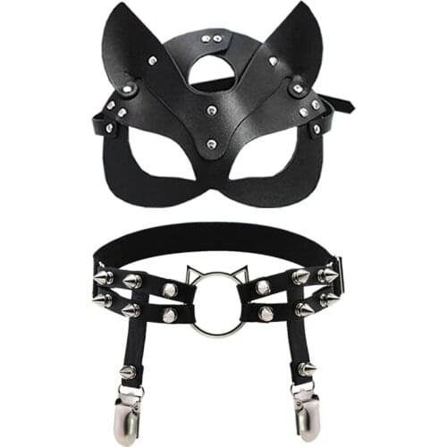 Leather mask and fashion trend capture street cute cat head ears riveted stud sock clip with hollowed-out adjustable leg rings