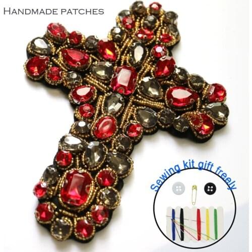 1pc 3D Handmade rhinestone beaded Patches for clothing red cross 12*15cm DIY sew on parches Embroidery applique cross