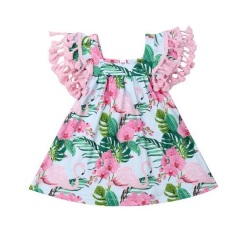 Summer Toddler Baby Girls Dress Boho Tassel Sundress Flower Flamingo Party Dress