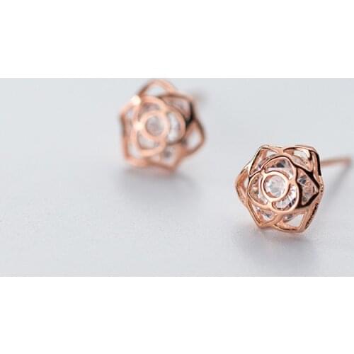 MloveAcc Real 925 Sterling Silver Stud Earrings Cute Hollow Rose Flower AAA Cubic Zircon Women Earrings Fashion Jewelry