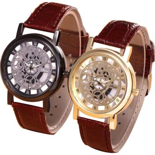 Men Watch Fashion Business Watch Luxury Hollow Roman Numerals Sports Clock Faux Leather Quartz Wrist Watch erkek kol saat