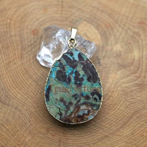 Natural Stone Ocean Jaspers Pendant Gold Electroplated Single Bail Necklace Pendant Tear Drop Charm Jewelry In 31*45 mm PM7885