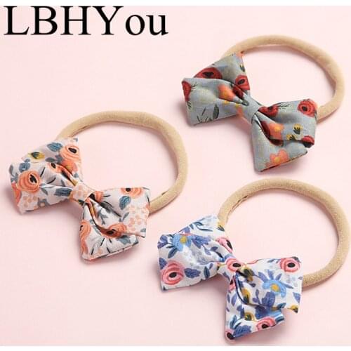 6pcs/lot Sweet Flowers Prints Cotton Bows Nylon Headbands Newborn Baby Girls Handtie Nylon Hairbands