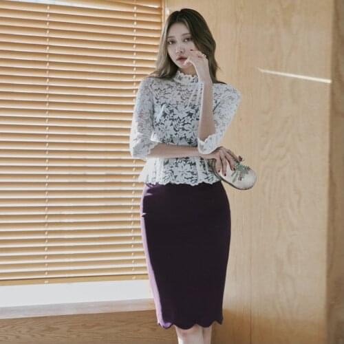 New arrival fashion korean spring midi party dress women OL temperament sweet perspective lace stitching sexy slim pencil dress