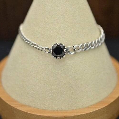 New 925 silver woman bracelet fashion Korean s925 silver jewelry retro hipster elegant black round diamond female bracelet