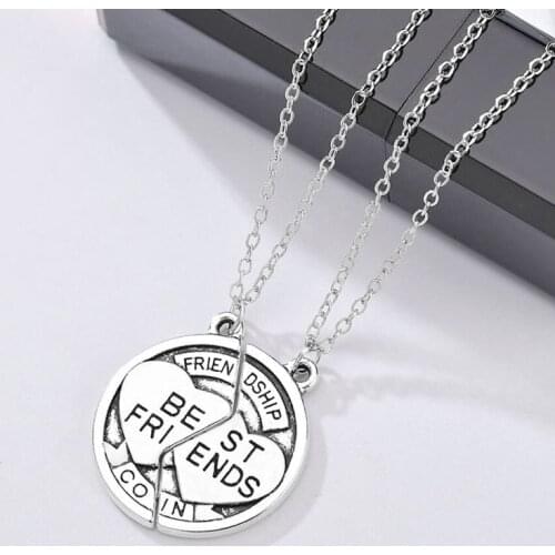 2 pcs/set Charm Best Friends Carved Round Shaped Pendants Necklaces for Women Girls BFF Friendship Silver Color Coins Necklaces