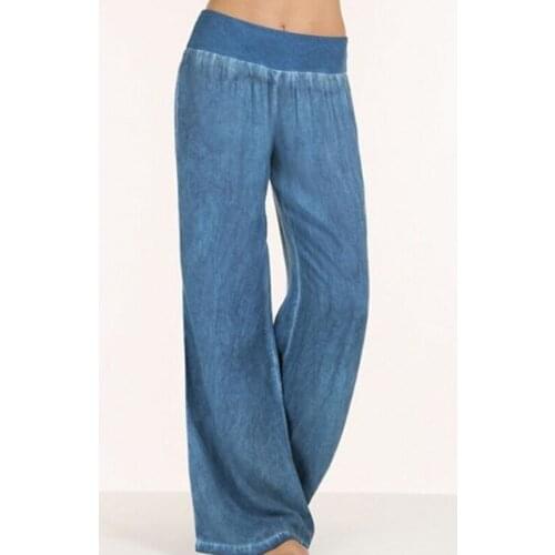 Casual Loose Solid Long Denim Pants Elastic Waist Mid Waist Pleated Fashion Wide Leg Pants Plus Size S-5XL