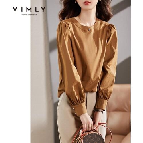 VIMLY Long Sleeve Shirt for Women Autumn 2021 New Loose Round Neck Short Temperament Puff Sleeve Shirts Office Lady Blouse F8650