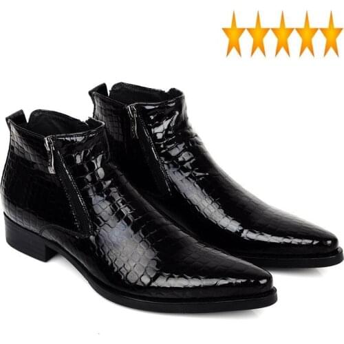 Blue/Black Plus Size 45 Dark Mens Ankle Boots Wedding Party Top High Quality Leather Pointed Toe Zip Man Dress Shoes