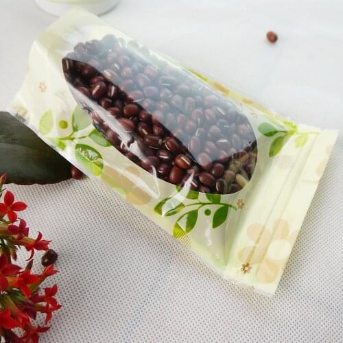 16*24+4cm Flower printing bag,100 X Stand up Green printed Zip Lock bags with clear window - Reusable plastic pouch Zipper seal