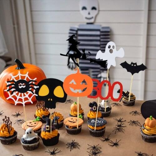 Halloween Cake Toppers Pumpkin Skull Cat Witch Ghost Bat Print Cupcake Topper Happy Halloween Party DIY Dessert Decoration Sign
