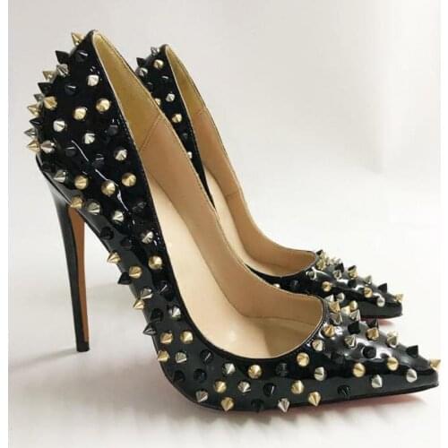 Black Patent Leather Womens Pumps Heels Rivet High Heels Pointed Thin Heel Shallow Single Shoe Sexy Nightclub Pump 12cm Shoes