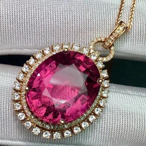 Tourmaline Pendant Fine Jewelry Real 18 K Gold 100% Natural Rubillite Tourmaline 15.6ct Gemstones Diamond Pendant Necklace