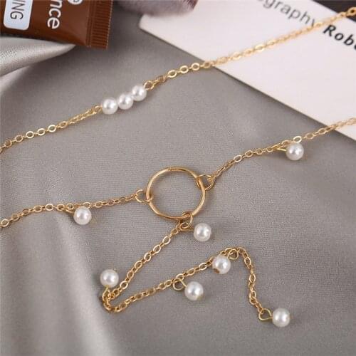 Retro Imitation Pearls Pendant Necklace for Women Asymmetric Circle Long Tassel Clavicle Chain Necklace Party Neck Jewelry Gift