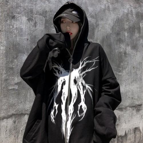 2021 Winter New Zipper Ribbon Hoodie Harajuku Zipper Sweatshirts Clothing Gothic Punk Coat Hooded Women Dark Plus size hoodies