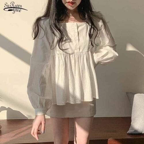 2021 Autumn Lace Splice Folds Sweet Lantern Long Sleeve Square Collar Blouse Women Solid White Pullover Loose Shirt Blusas 11201