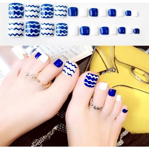 24Pcs Glue White Blue Ocean Toe Fake Nails Full Cover Acrylic Feet Patch With Blue Wave Summer Toe False Nails