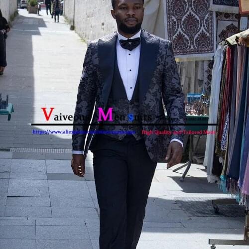 African Black Floral Men Suits 3 Piece Wedding Suits for Groom Mens Fashion 2021 Blazer Masculino Formal Party Suits Jacket Pant