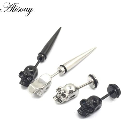 Alisouy 1 pair skull horns earrings color Black Spike skull Skeleton earrings Men or Women Stud earrings for men women