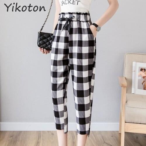 Harajuku Womens Plaid Pants 2021 Streetwear Casual Trousers Female Summer Autumn Harem Pants Student Straight Vintage Long Pant