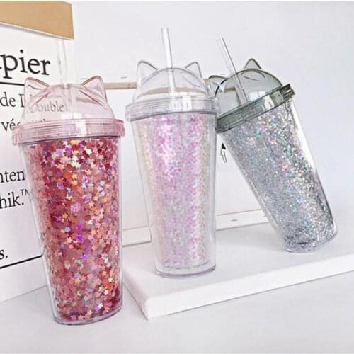 Creative Web Celebrity Couples The Plastic Cat Ears Sequins Flashing Glass Cup Double Suction Cup