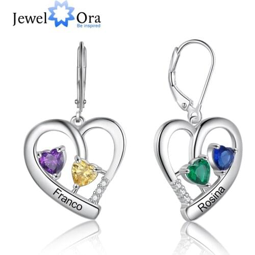 JewelOra Classic Personalized Heart Earrings with 4 Birthstones Customized 12 Colors Engraved Name Hoop Earrings for Women Gifts