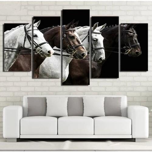 Canvas Paintings 5 Pieces Black And Brown Horses Poster Modular Wall Art Pictures Framed Home Decor Handed paintings New