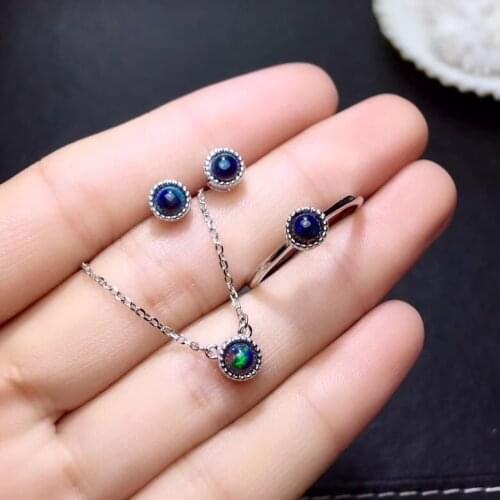 Classical simple round Natural black opal jewelry sets natural gemstone ring Necklac Earrings S925 silver girl gift jewelry