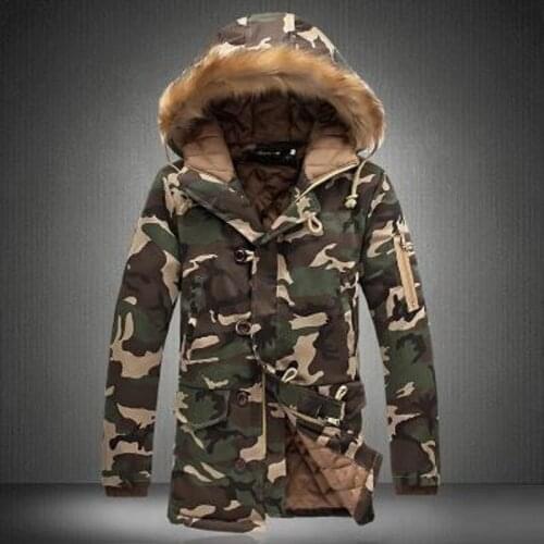 Mens Warm Jacket Winter Couples Wear Camouflage Big Fur Collar Mid-length Padded Coat Men and Women Thick Outdoor Man Hoodies