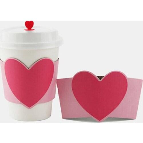 100pcs Disposable Cup Sleeve For 12/16oz Cups Pink Heart Kraft Paper Coffee Tea Juice Cup Sleeve Anti-hot