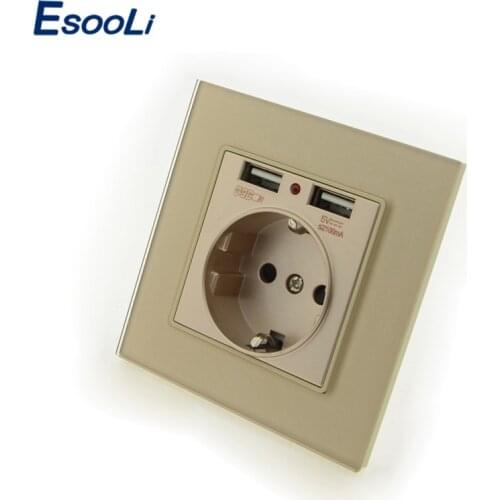 Luxury Glass Panel Wall Power USB Socket 16A EU Standard Electrical Outlet With 2100mA Dual USB Socket Charger Port for Mobile