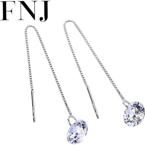FNJ 925 Silver Long Drop Earrings for Women Jewelry New Fine 100% Pure Original S925 Silver Sterling Earring White Zircon
