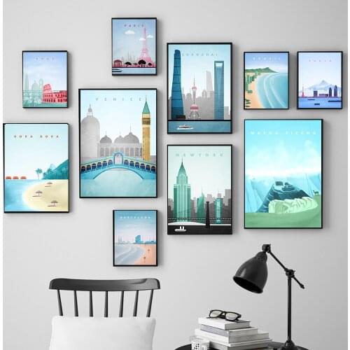Nodic Barcelona Hawaii London New York Paris Rome Famous City Travel Poster Landscape Painting Wall Art Picture Livingroom Decor
