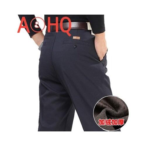 Pleated Thick Warm Winter Pants Men Loose Straight Pant Men High Waist Trousers Office Plus Size 30-40 42 44 46 Black
