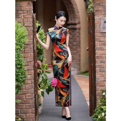 Oriental Dress Silk Cheongsams Print Qipao Dresses China Style High-End Long Cheongsam Chinese Dress Woman Costume China Clothes