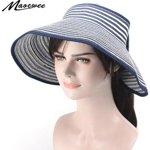 Womens summer sun hat creative colorful folding Bond knot cuffed striped hat outdoor sunshade beach hat