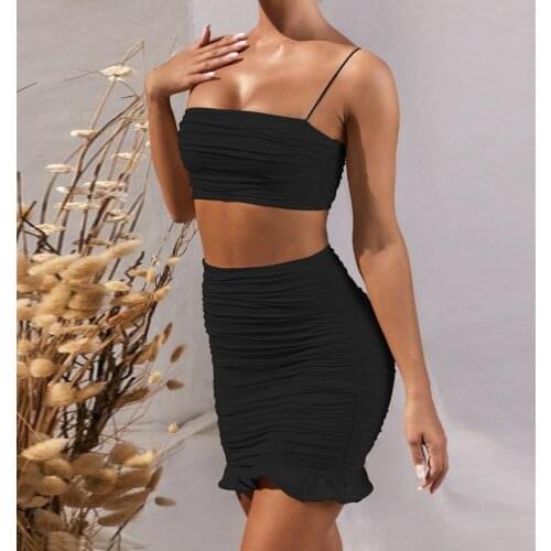2 Pcs Womens Dress Set Spaghetti Strap Crop Top White Sexy And Mini Skinny Bodycon Skirt Ruffles Party Outfit Club 2021