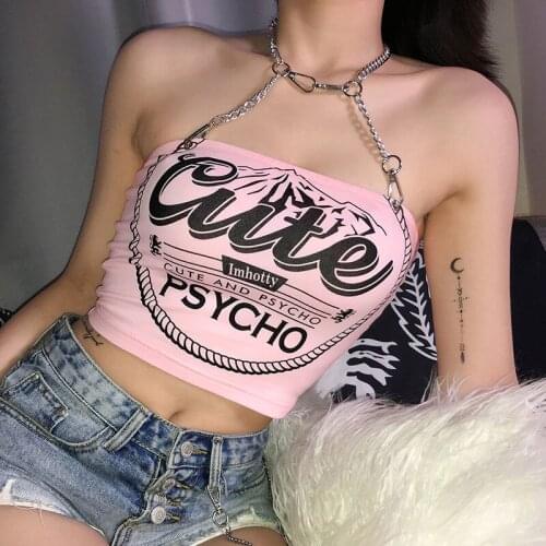 QWEEK Y2K Gothic Pink Crop Tops Sleeveless Chain Print Tops Women Sexy Club 2021 Summer Fashion Women Cute Shirts Female Slim