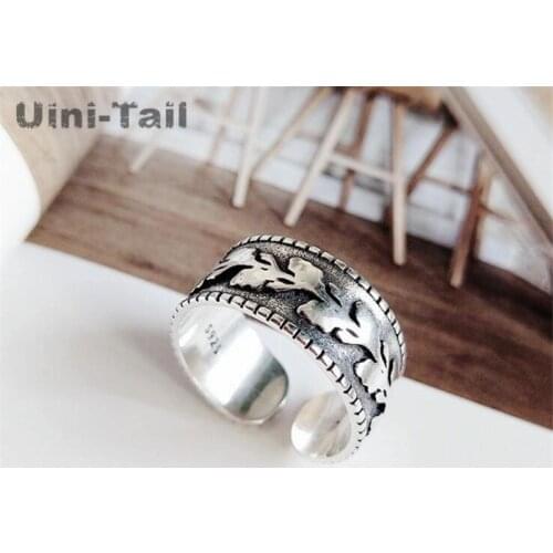 Uini-Tail2019 new listing 925 sterling silver retro old leaves ring personality trend wide face embossed olive leaf open ring