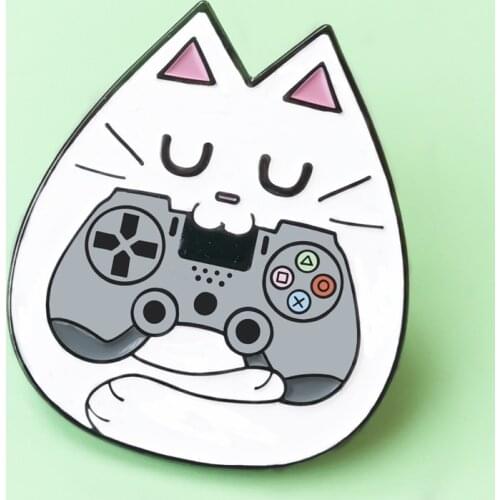 Cute White Cat Playing Games Hard Enamel Pin Cartoon Pastel Animals Medal Fashion Backpack Brooch Jewelry Game Player Gift