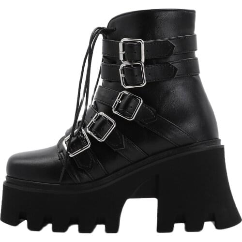 2021 Winter Autumn Black Short Boots Fashion Square Head Chunky heels Cross Lacing Gladiator Women shoes New Big Size 44