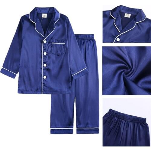 2021 Spring Autumn Children 2PCS Pajamas Sets Lapel Imitation Silk Long Sleeve Home Wear Satin Tops + Kids Pants Nightgown