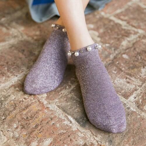 2021 Vintage Socks Summer Woman Girl Lady Glitter Shiny Pearl Socks Thin Bead Gauze Ankle Sox Breathable