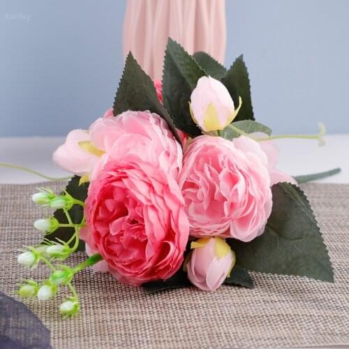 32cm Rose Pink Silk Peony Artificial Flowers Bouquet 5 Big Head and 4 Bud Cheap Fake Flowers for Home Wedding Decoration indoor