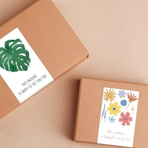 50Pcs/Pack Colorful Floral Leaf Rectangle Stickers This Package Is Happy To See You Too Letters Adhesive Seal Labels