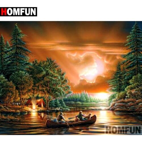 HOMFUN Full Square/Round Drill 5D DIY Diamond Painting "Boat sunset scener" 3D Diamond Embroidery Cross Stitch Home Decor A18840