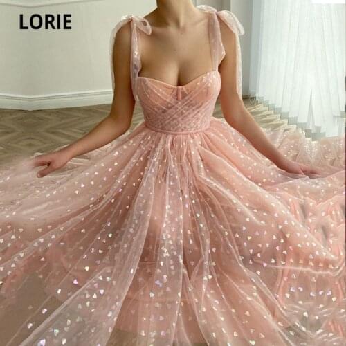 LORIE Glitter Prom Dresses Peach Sweetheart Shiny Love Tulle Tea Length Arabic Evening Wedding Party Graduation Dress 2021