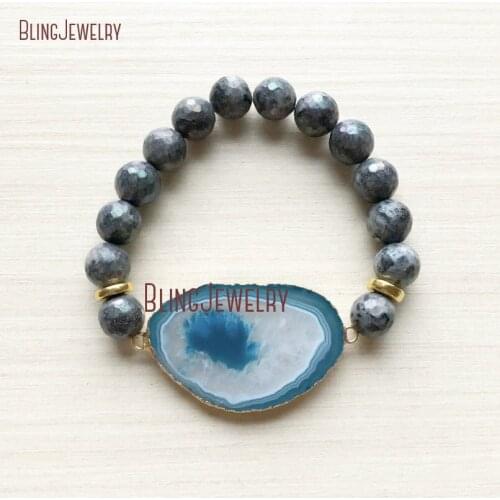 Teal Blue White Agates Slice Beaded Bracelet Labradorite Beads Bracelet BM24127