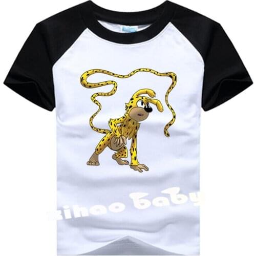 Childrens Short Sleeved Raglan T-shirt Mysterious Long Tail Leopard Tees Sur la piste du Marsupilami Boy Girl Cotton Summer Top
