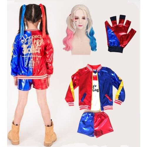 HKSNG Suicide Harley Harleen Quinzel Costumes Squad Quinn Cosplay Kids Girls Monster T Shirt Jocker Jacket Suit Wig Gloves